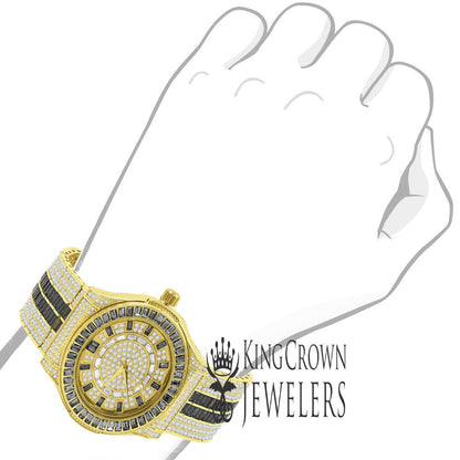 Mens Black Onyx Baguette Simulated Diamond 18K Gold Finish Iced Out Custom Band Luxury Watch