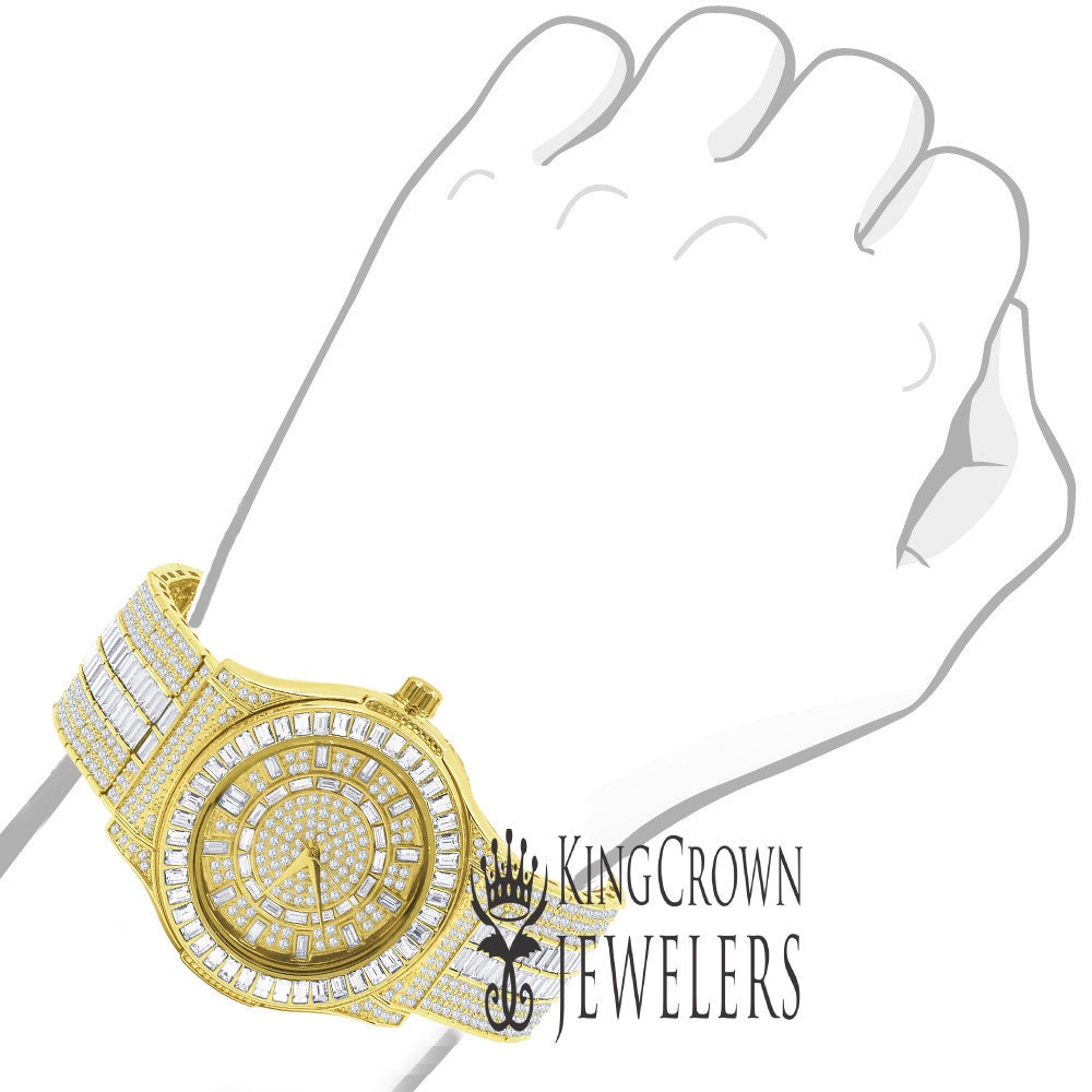 Fully Iced Out Baguette/Round Simulated Diamond 18K Yellow Gold Finish Custom Band Luxury Watch