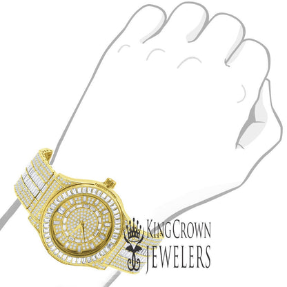 Fully Iced Out Baguette/Round Simulated Diamond 18K Yellow Gold Finish Custom Band Luxury Watch