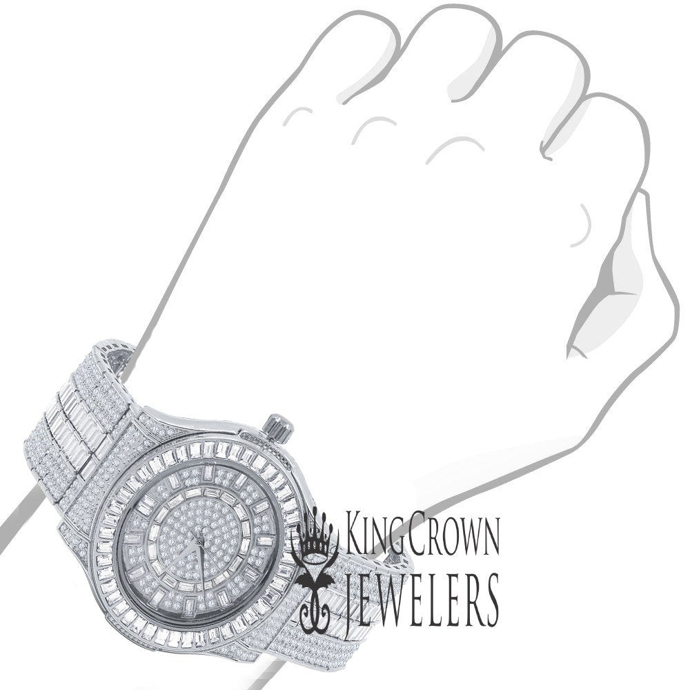 Mens 18K White Gold Finish Fully Iced Out Baguette/Round Cut Simulated Diamond Custom Band Luxury Watch
