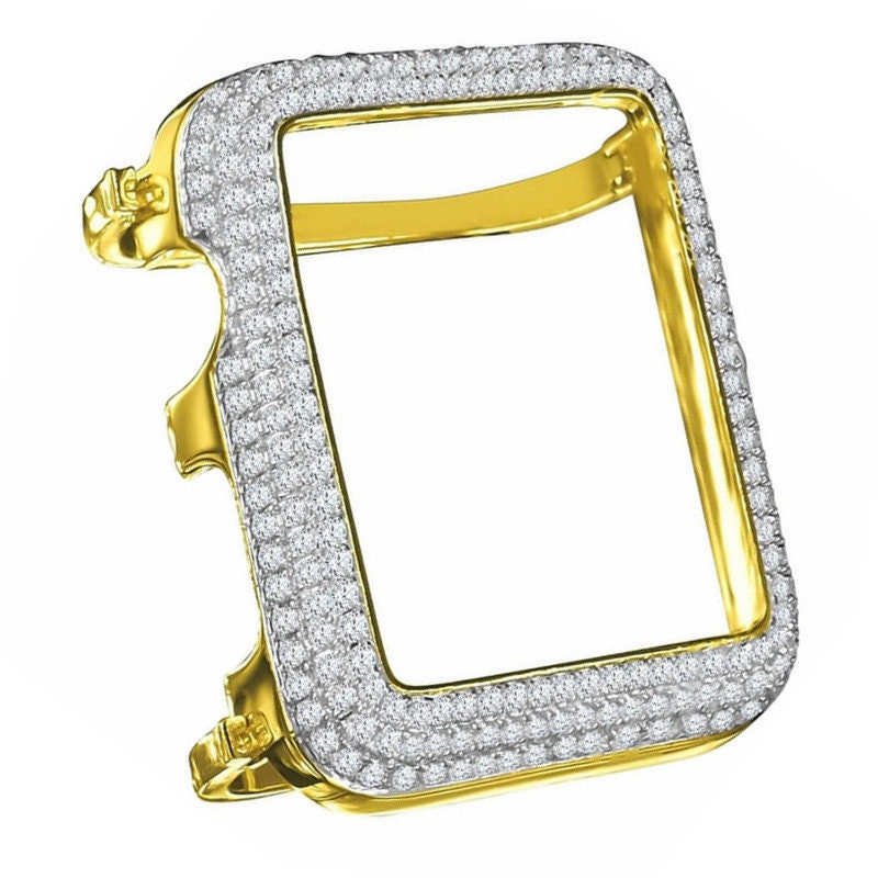 Real Genuine Sterling Silver Apple Watch Custom Bezel Fit Series # 2 & 3 Both 14K Gold Finish Simulated Diamond Face Insert Cover Case 42mm