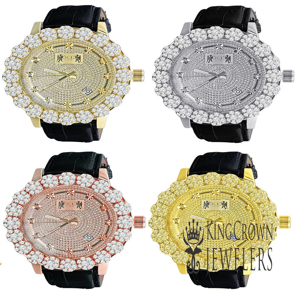 Men's Real Diamond Dial Custom Flower Cluster Bezel 18K Gold Finish Analog Solid Steel Stainless Back Genuine Leather Strap Band Wrist Watch