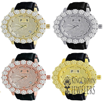 Men's Real Diamond Dial Custom Flower Cluster Bezel 18K Gold Finish Analog Solid Steel Stainless Back Genuine Leather Strap Band Wrist Watch