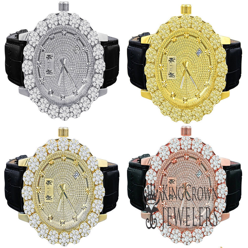 Men's Real Diamond Dial Custom Flower Cluster Bezel 18K Gold Finish Analog Solid Steel Stainless Back Genuine Leather Strap Band Wrist Watch