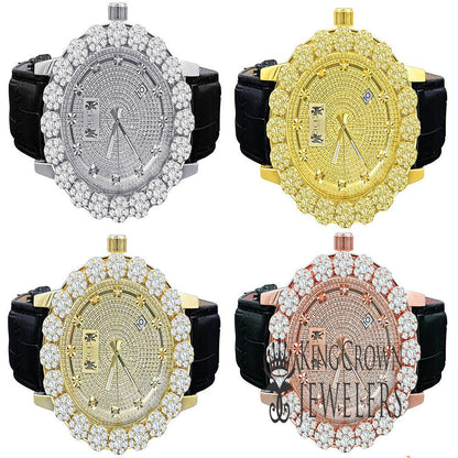 Men's Real Diamond Dial Custom Flower Cluster Bezel 18K Gold Finish Analog Solid Steel Stainless Back Genuine Leather Strap Band Wrist Watch