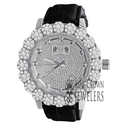 Men's Real Diamond Dial Custom Flower Cluster Bezel 18K Gold Finish Analog Solid Steel Stainless Back Genuine Leather Strap Band Wrist Watch