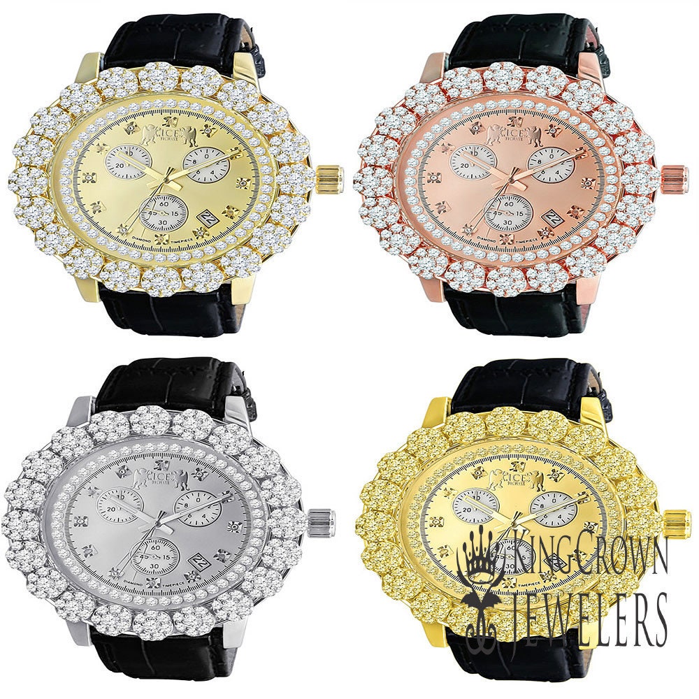 Real Diamond Dial Custom Flower Cluster Bezel 18K Gold Finish Analog Solid Steel Stainless Back Genuine Leather Strap Band Wrist Men's Watch