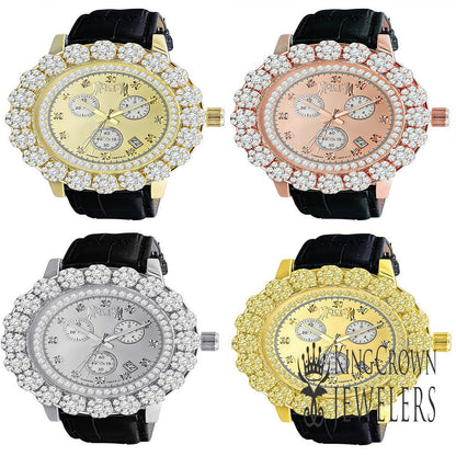 Real Diamond Dial Custom Flower Cluster Bezel 18K Gold Finish Analog Solid Steel Stainless Back Genuine Leather Strap Band Wrist Men's Watch