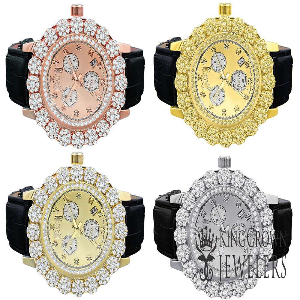 Real Diamond Dial Custom Flower Cluster Bezel 18K Gold Finish Analog Solid Steel Stainless Back Genuine Leather Strap Band Wrist Men's Watch