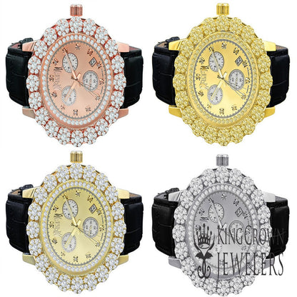 Real Diamond Dial Custom Flower Cluster Bezel 18K Gold Finish Analog Solid Steel Stainless Back Genuine Leather Strap Band Wrist Men's Watch