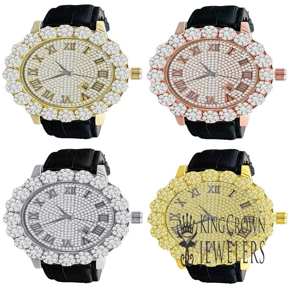 Roman Face Men's Custom Flower Bezel Gold Tone Simulated Diamond Dial Wrist Watch Analog Solid Steel Back Genuine Leather Strap Band W/Date