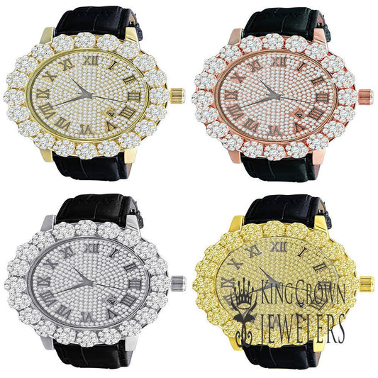 Roman Face Men's Custom Flower Bezel Gold Tone Simulated Diamond Dial Wrist Watch Analog Solid Steel Back Genuine Leather Strap Band W/Date