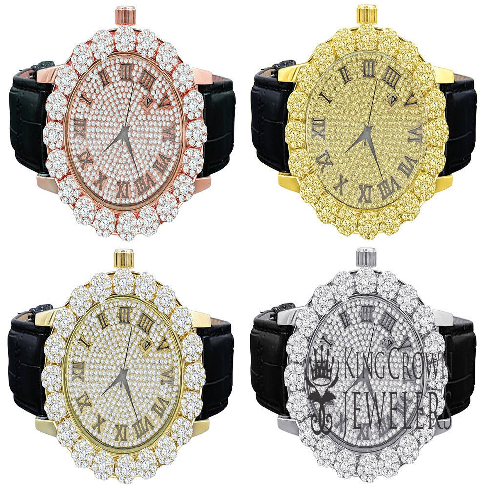 Roman Face Men's Custom Flower Bezel Gold Tone Simulated Diamond Dial Wrist Watch Analog Solid Steel Back Genuine Leather Strap Band W/Date