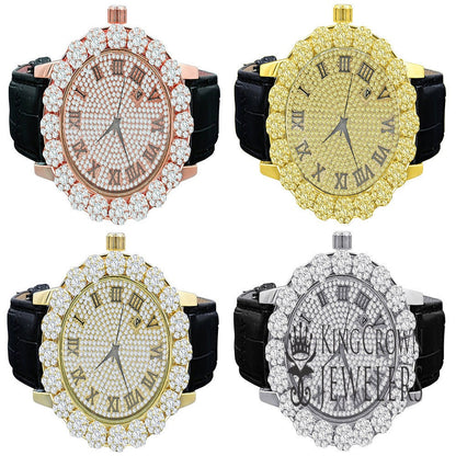 Roman Face Men's Custom Flower Bezel Gold Tone Simulated Diamond Dial Wrist Watch Analog Solid Steel Back Genuine Leather Strap Band W/Date