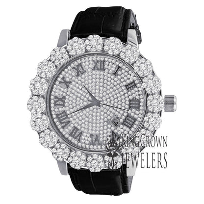Roman Face Men's Custom Flower Bezel Gold Tone Simulated Diamond Dial Wrist Watch Analog Solid Steel Back Genuine Leather Strap Band W/Date