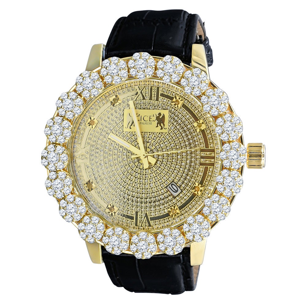Genuine Leather Strap Band W/Date Function Roman Face Men's Custom Flower Bezel Gold Finish Real Diamond Dial Wrist Watch Analog Steel Back