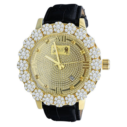 Genuine Leather Strap Band W/Date Function Roman Face Men's Custom Flower Bezel Gold Finish Real Diamond Dial Wrist Watch Analog Steel Back