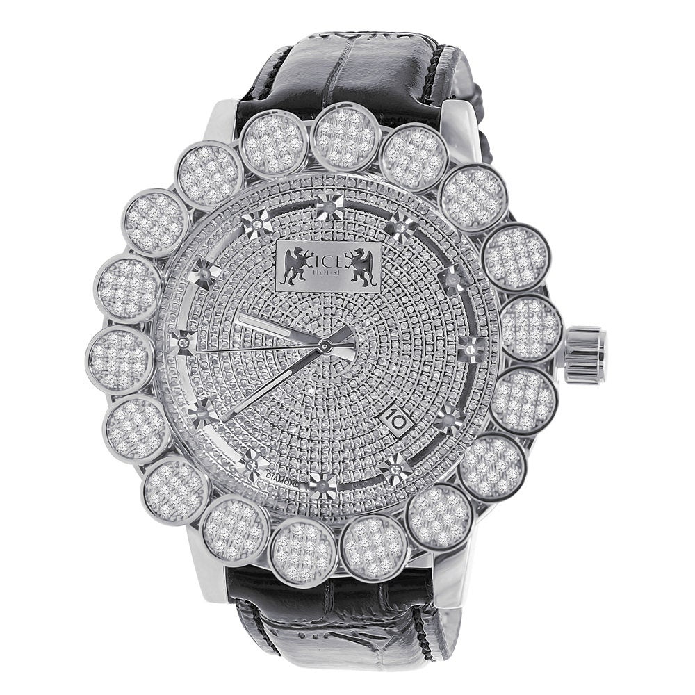 Micro Pave Cluster Custom Bezel Genuine Diamond Dial 5 ATM Water Resistant Solid Steel Back Men's Watch Analog Genuine Leather Band W/Date