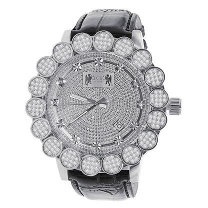 Micro Pave Cluster Custom Bezel Genuine Diamond Dial 5 ATM Water Resistant Solid Steel Back Men's Watch Analog Genuine Leather Band W/Date