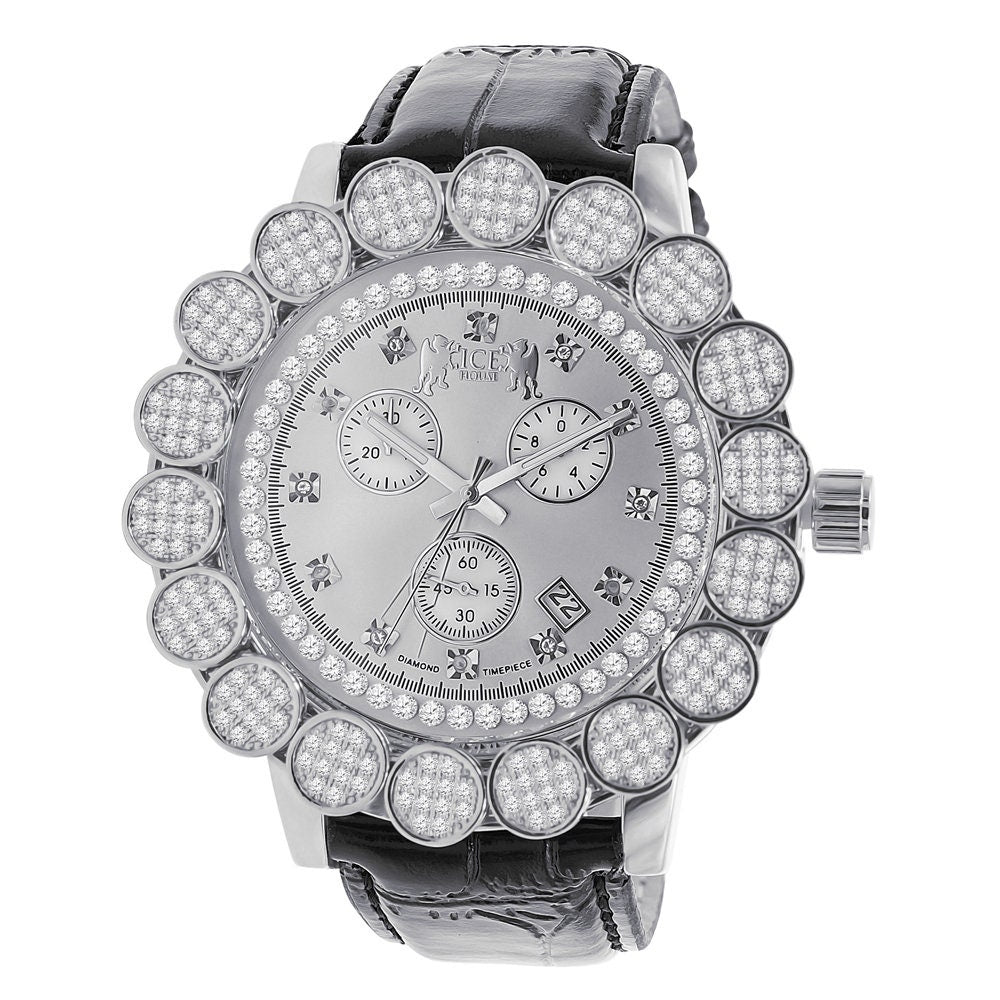 Genuine Diamond Dial Micro Pave Custom Bezel Joe Rodeo Mens Watch Analog Black Leather Band W/Date Water Resistance