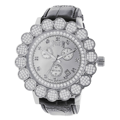 Genuine Diamond Dial Micro Pave Custom Bezel Joe Rodeo Mens Watch Analog Black Leather Band W/Date Water Resistance