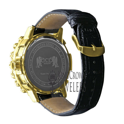 Mens Micro Pave Custom Bezel Real Diamond Dial Khronos Joe Rodeo Watch Analog Genuine Black Leather Band W/Date Water Resistance