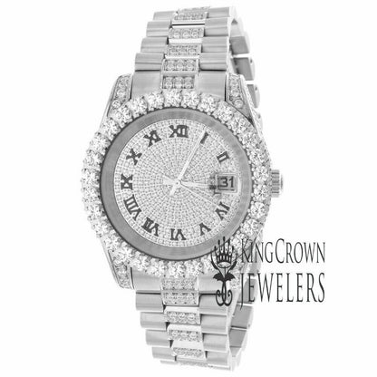 Mens Roman Number Dial Solid Stainless Steel Solitaire Simulated Diamond Presidential Link Watch 41mm