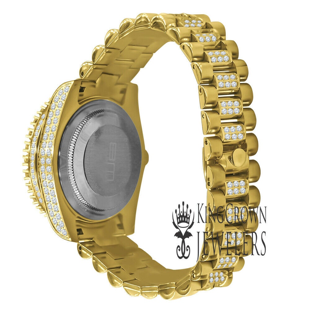 Mens Roman Number Dial Solid Stainless Steel Solitaire Simulated Diamond Presidential Link Watch 41mm