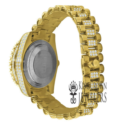 Mens Roman Number Dial Solid Stainless Steel Solitaire Simulated Diamond Presidential Link Watch 41mm