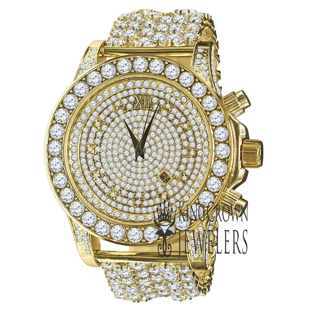 14K Yellow Gold Tone Simulated Diamond Solitaire Luxury Iced Bling Master Custom Band Watch W/Date Function