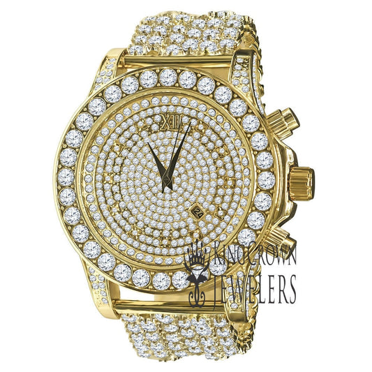 14K Yellow Gold Tone Simulated Diamond Solitaire Luxury Iced Bling Master Custom Band Watch W/Date Function