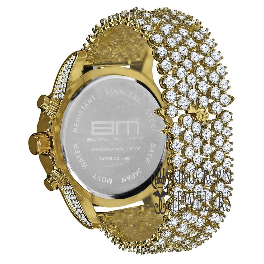 14K Yellow Gold Tone Simulated Diamond Solitaire Luxury Iced Bling Master Custom Band Watch W/Date Function