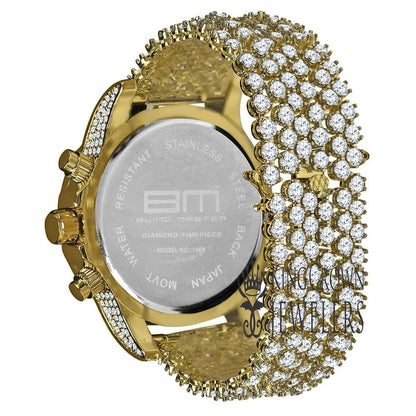 14K Yellow Gold Tone Simulated Diamond Solitaire Luxury Iced Bling Master Custom Band Watch W/Date Function