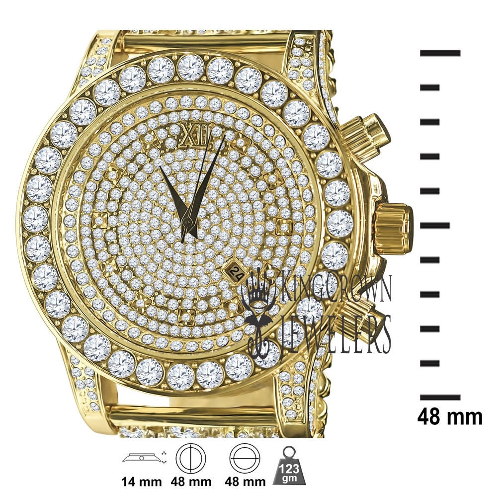 14K Yellow Gold Tone Simulated Diamond Solitaire Luxury Iced Bling Master Custom Band Watch W/Date Function