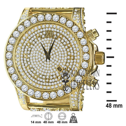 14K Yellow Gold Tone Simulated Diamond Solitaire Luxury Iced Bling Master Custom Band Watch W/Date Function