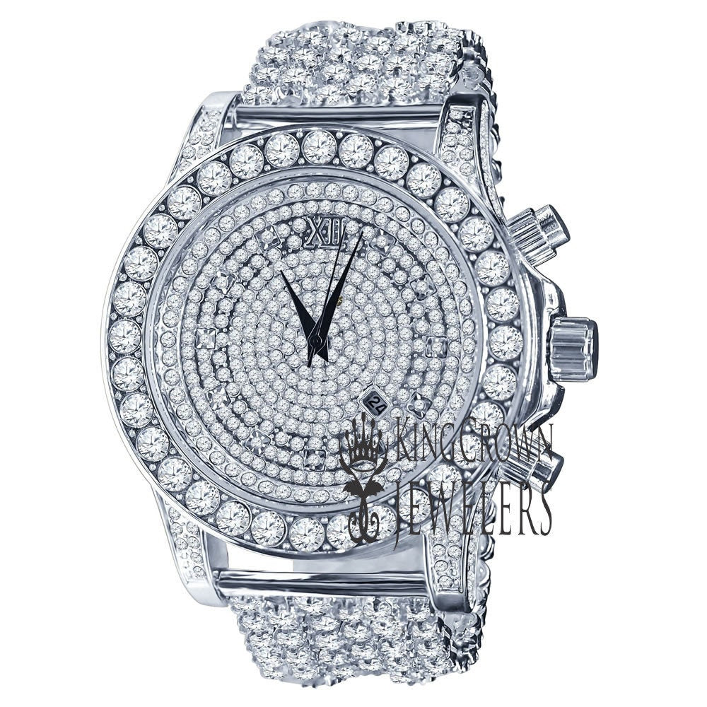 14K White Gold Tone Simulated Diamond Solitaire Luxury Iced Bling Master Custom Band Watch W/Date Function