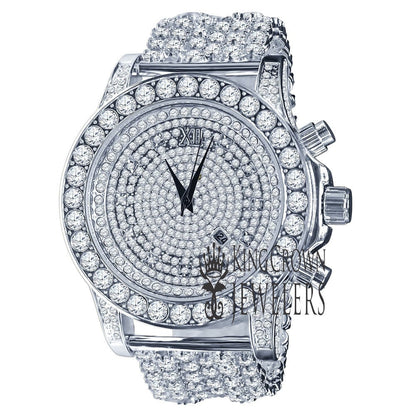 14K White Gold Tone Simulated Diamond Solitaire Luxury Iced Bling Master Custom Band Watch W/Date Function