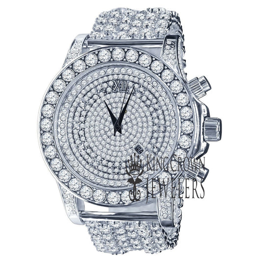 14K White Gold Tone Simulated Diamond Solitaire Luxury Iced Bling Master Custom Band Watch W/Date Function