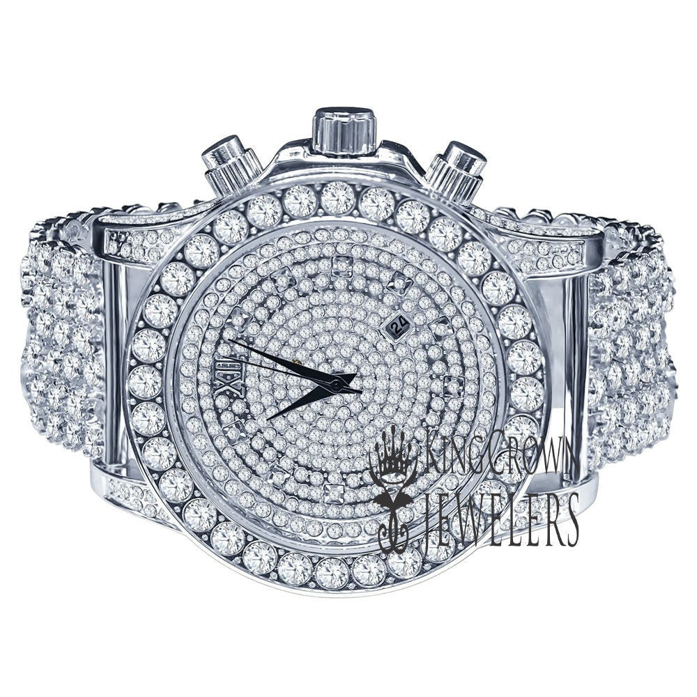 14K White Gold Tone Simulated Diamond Solitaire Luxury Iced Bling Master Custom Band Watch W/Date Function