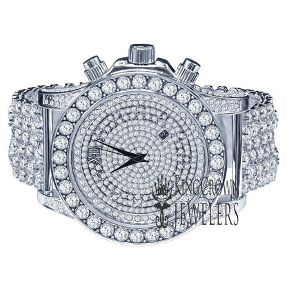 14K White Gold Tone Simulated Diamond Solitaire Luxury Iced Bling Master Custom Band Watch W/Date Function