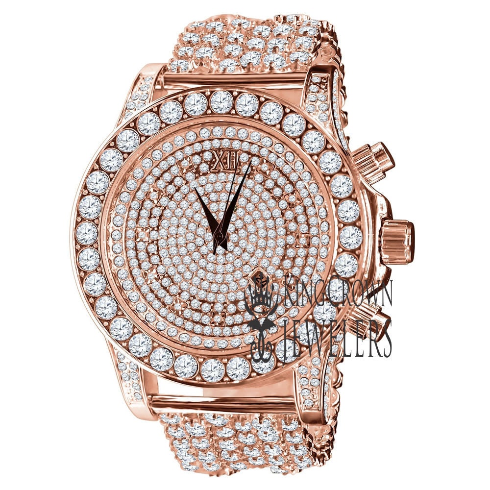 Full Iced Out 14K Rose Gold Finish Simulated Diamond Mens Custom Band Luxury Bling Master Watch w/Date Function