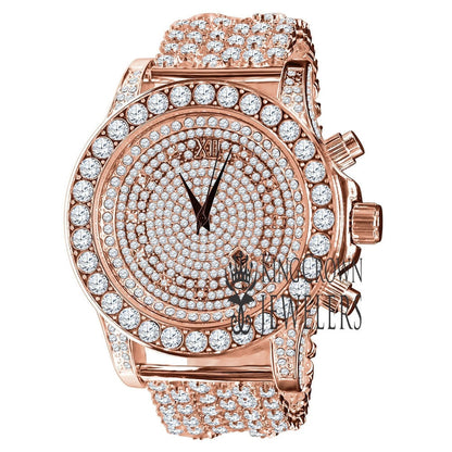 Full Iced Out 14K Rose Gold Finish Simulated Diamond Mens Custom Band Luxury Bling Master Watch w/Date Function