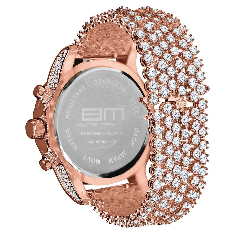 Full Iced Out 14K Rose Gold Finish Simulated Diamond Mens Custom Band Luxury Bling Master Watch w/Date Function