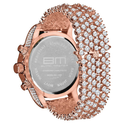 Full Iced Out 14K Rose Gold Finish Simulated Diamond Mens Custom Band Luxury Bling Master Watch w/Date Function