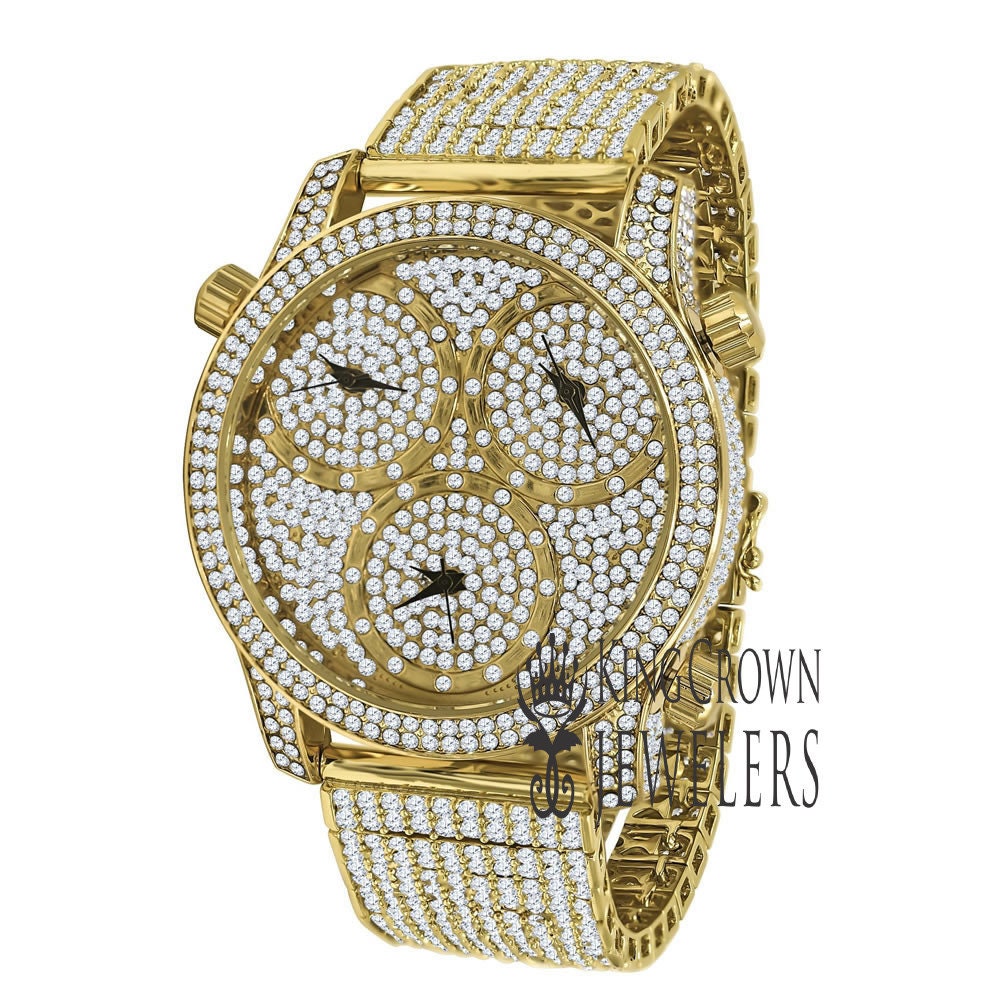 Mens Yellow Gold Tone Full Iced Out Watch Simulated Diamonds 3 Time Zone Dial 10 Row Custom Band