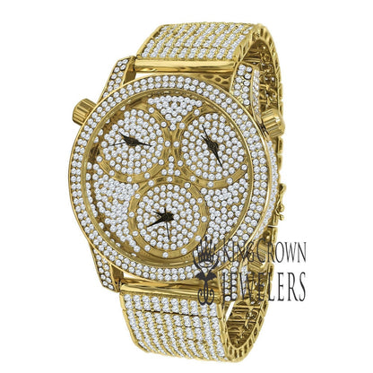 Mens Yellow Gold Tone Full Iced Out Watch Simulated Diamonds 3 Time Zone Dial 10 Row Custom Band