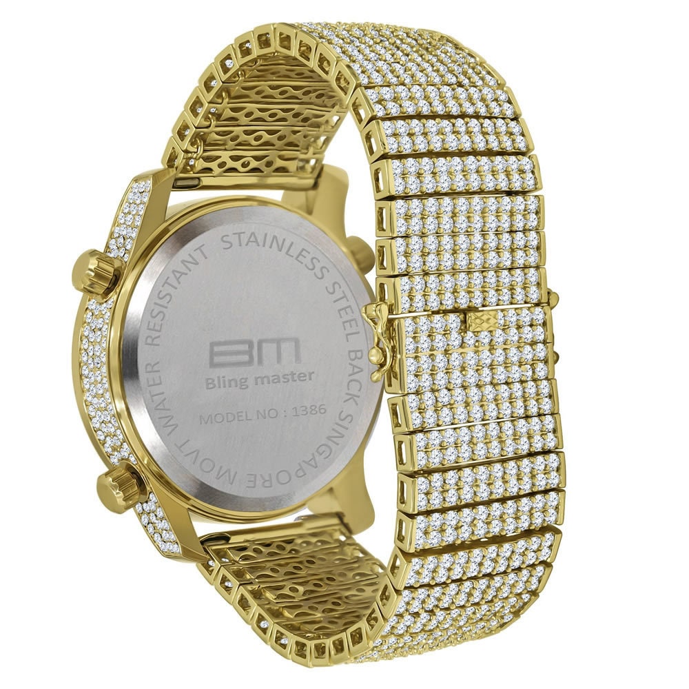 Mens Yellow Gold Tone Full Iced Out Watch Simulated Diamonds 3 Time Zone Dial 10 Row Custom Band