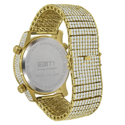 Mens Yellow Gold Tone Full Iced Out Watch Simulated Diamonds 3 Time Zone Dial 10 Row Custom Band