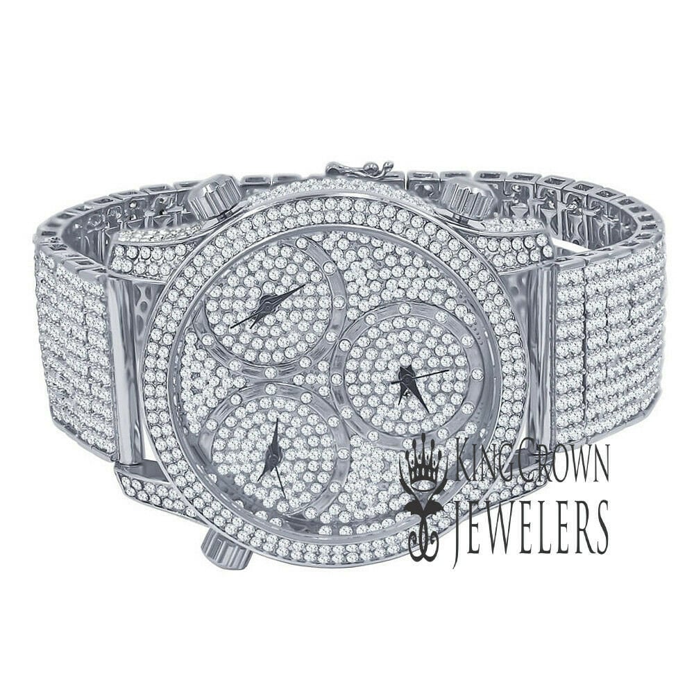 Mens White Gold Tone Full Iced Out Watch Simulated Diamonds 3 Time Zone Dial 10 Row Custom Band