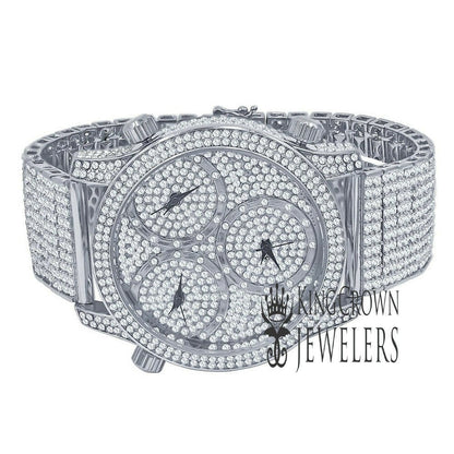 Mens White Gold Tone Full Iced Out Watch Simulated Diamonds 3 Time Zone Dial 10 Row Custom Band